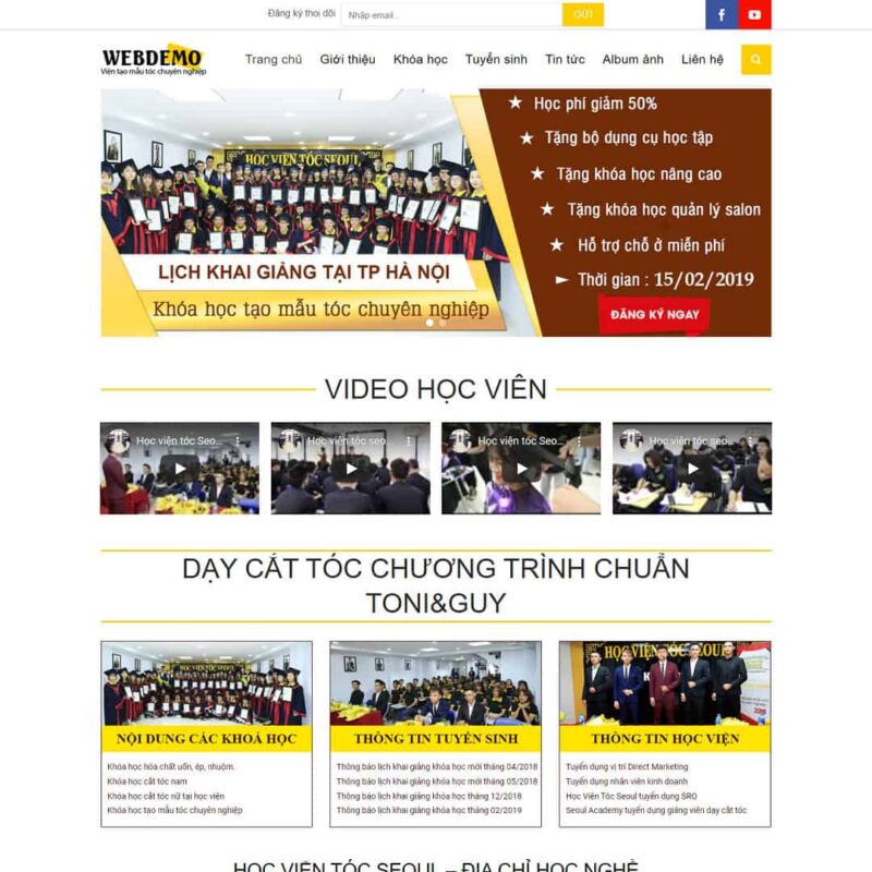 Theme WordPress đào tạo, khóa học mẫu tóc, Tin tức, Công ty, Đào tạo, Khóa học, Làm tóc, Salon