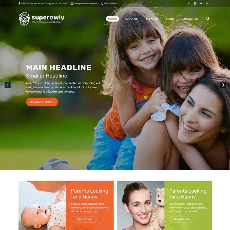 Theme WordPress dịch vụ bảo mẫu, Công ty, Baby, Bảo mẫu, Kid, Trông trẻ