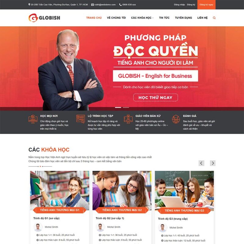 Theme WordPress trung tâm học tiếng anh 02, Giáo dục, Anh ngữ, Học tiếng anh, Khóa học, Trung tâm